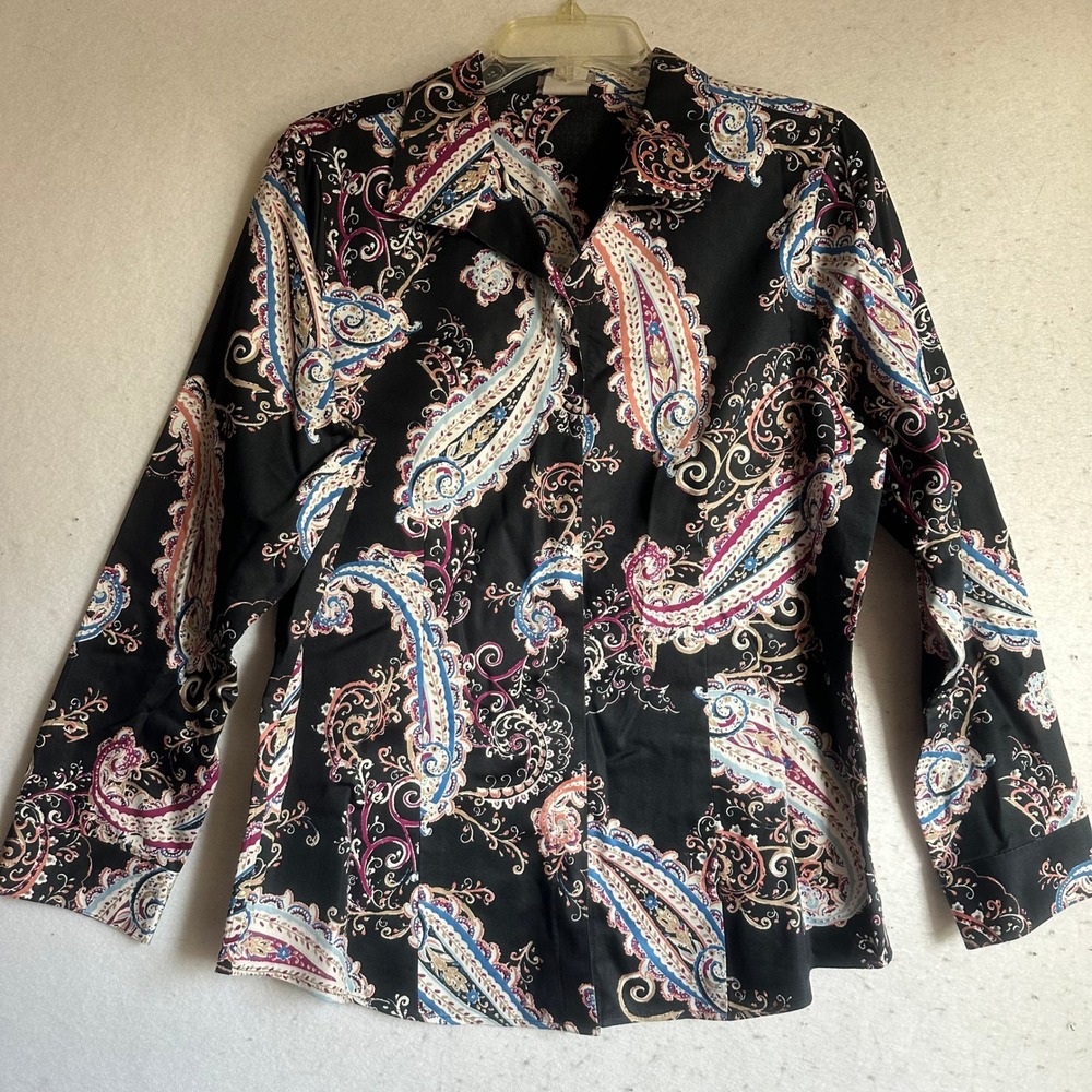 Chicos‎ No Iron Paisley Button Down Shirt Black Long Sleeve Blouse Sz 1 US 8